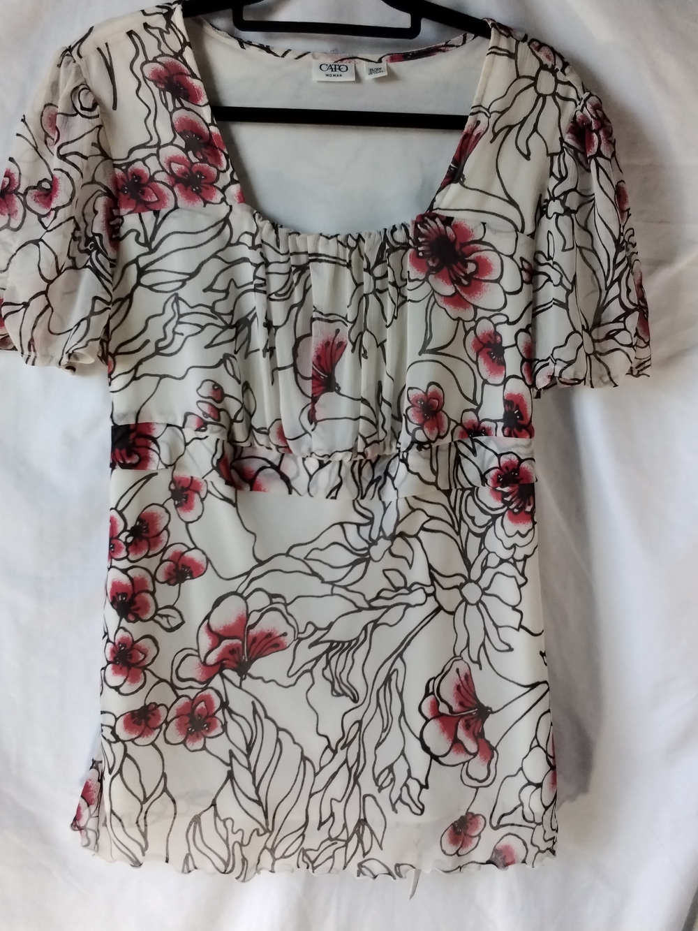 Cato White Floral Scoop-Neck Short Sleeve Top